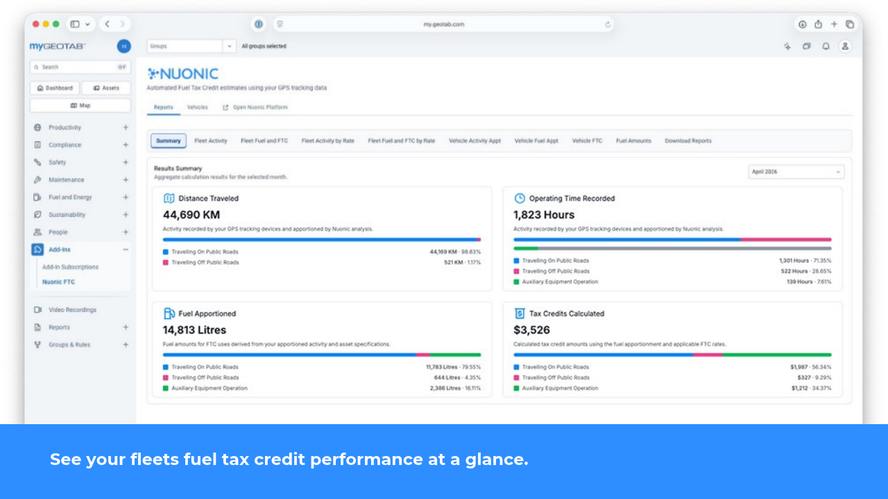 The Nuonic add-in inside MyGeotab, showing distance travelled, operating time, fuel apportioned and tax credits calculated for the month