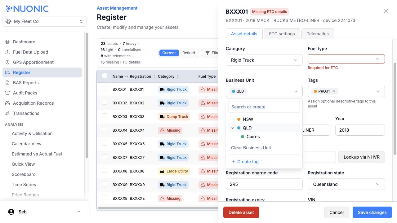 Asset details showing the Business Unit selector, hierarchy and Clear Business Unit option