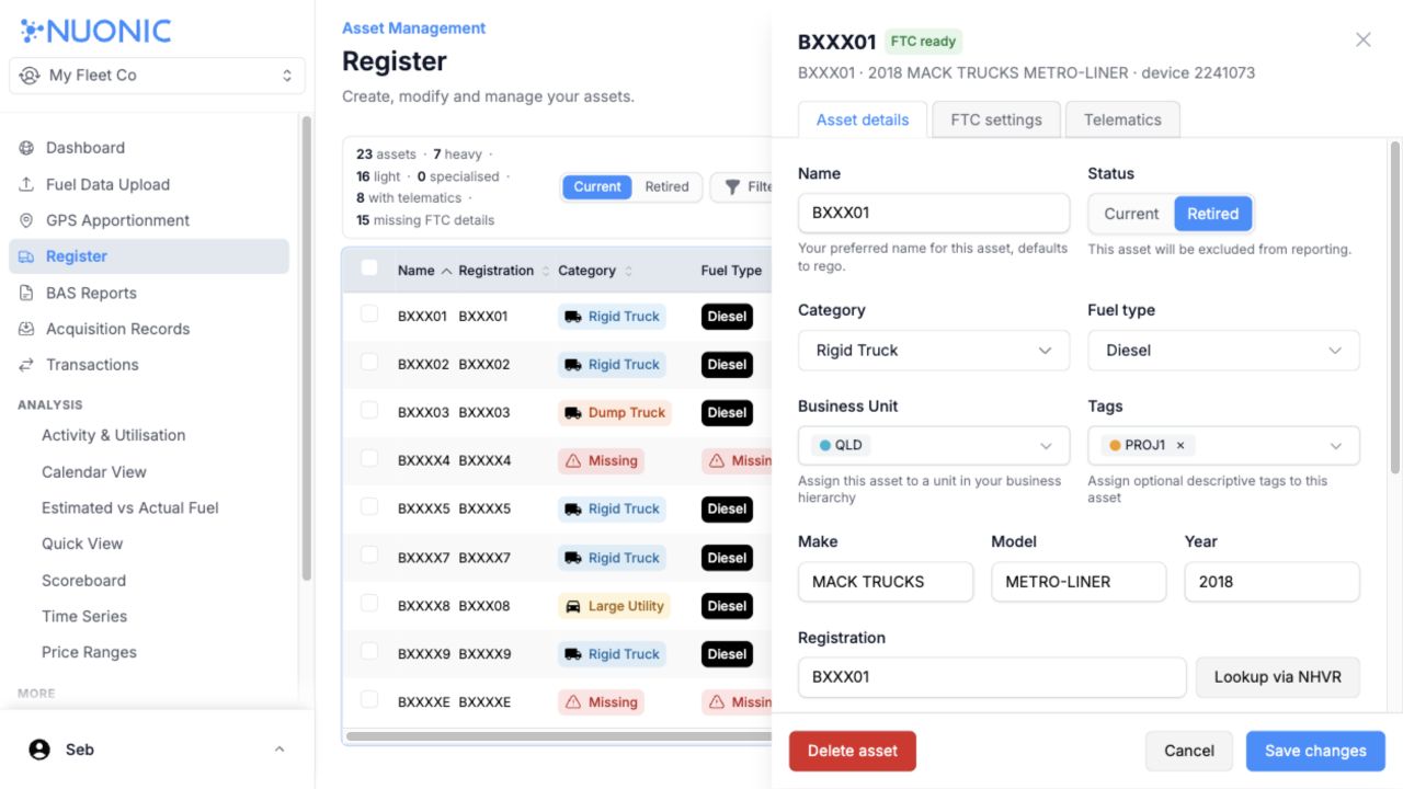 Asset details showing the Retired reporting status and Delete asset action
