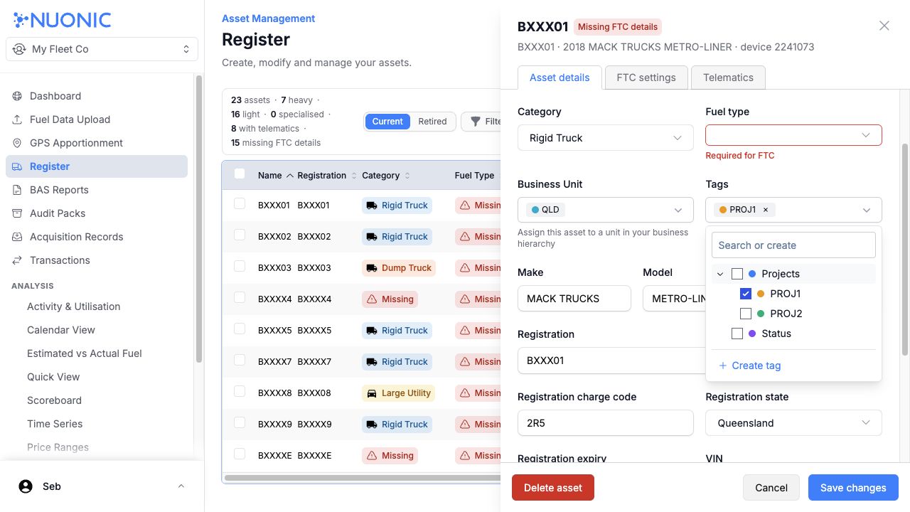 Asset details showing the Tags selector with an assigned tag and other available tags