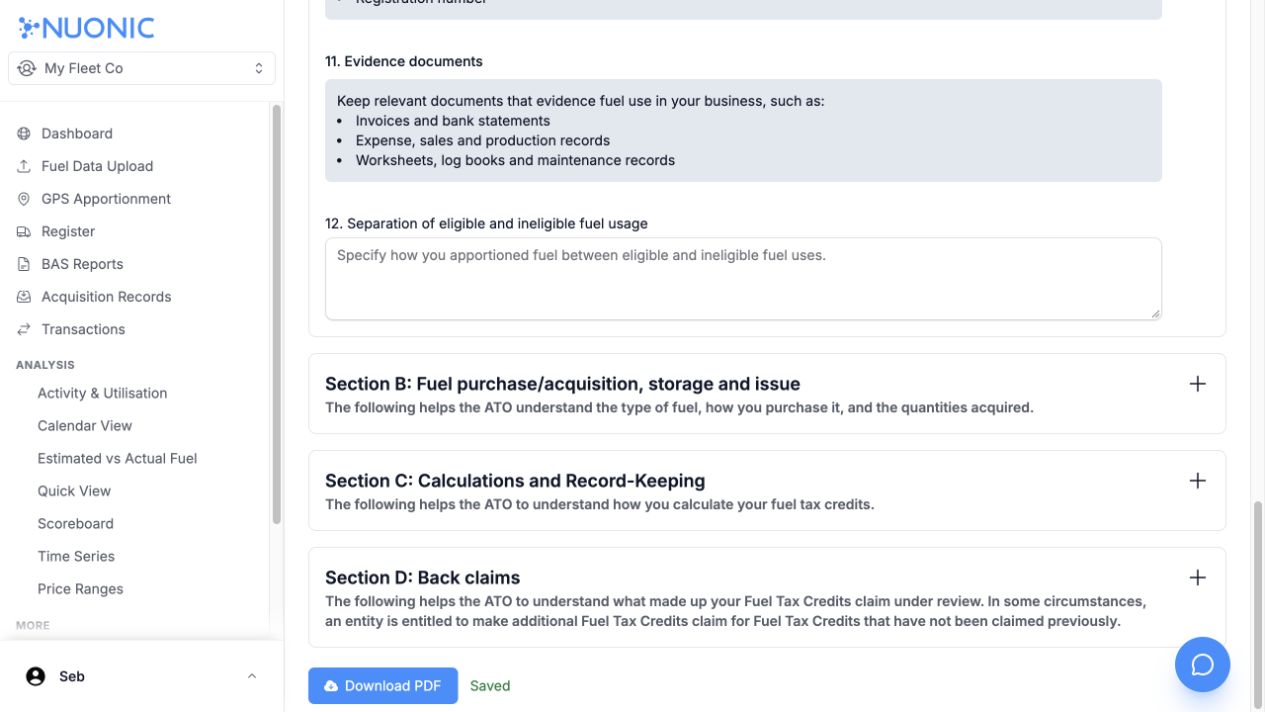 Audit Questionnaire sections and Download PDF control