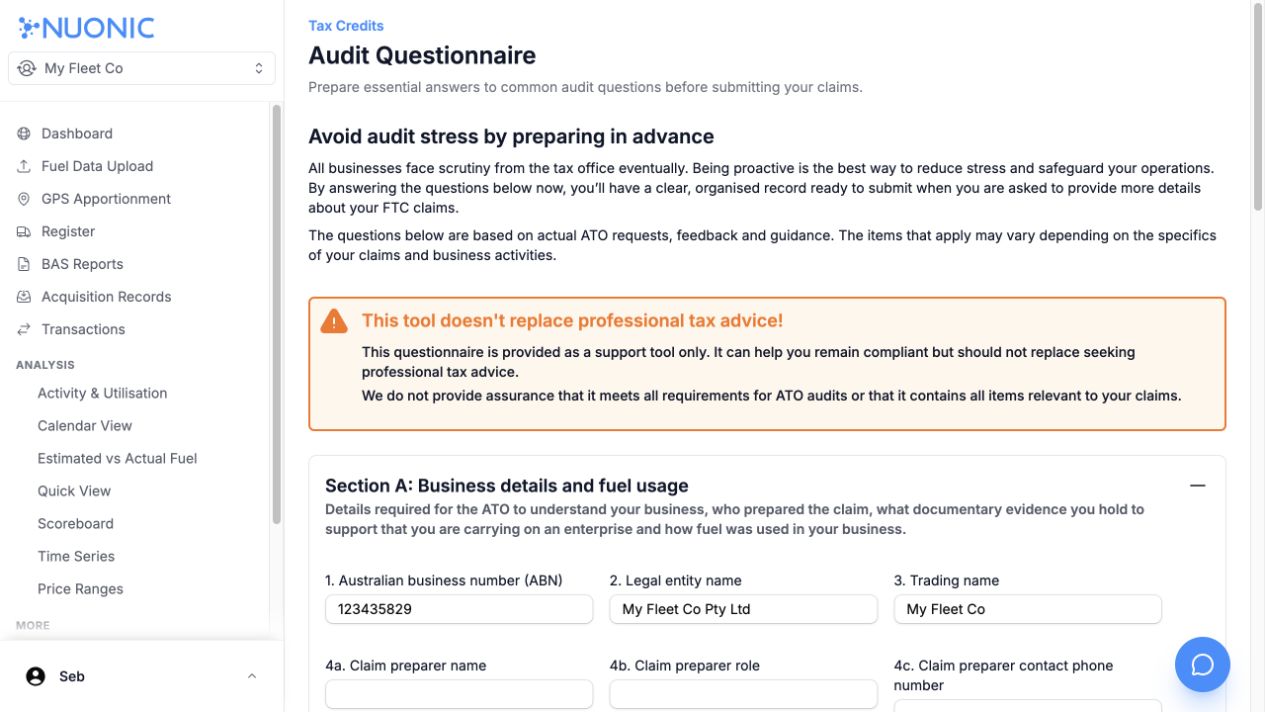 Audit Questionnaire Section A in light mode with populated business details