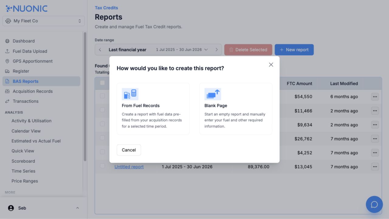 New BAS report options showing From Fuel Records and Blank Page