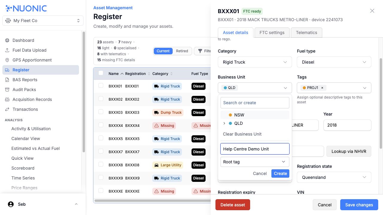 Business Unit menu showing the new name, parent unit and Create button