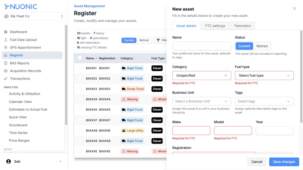 New asset form showing the Asset details tab and fields required for FTC