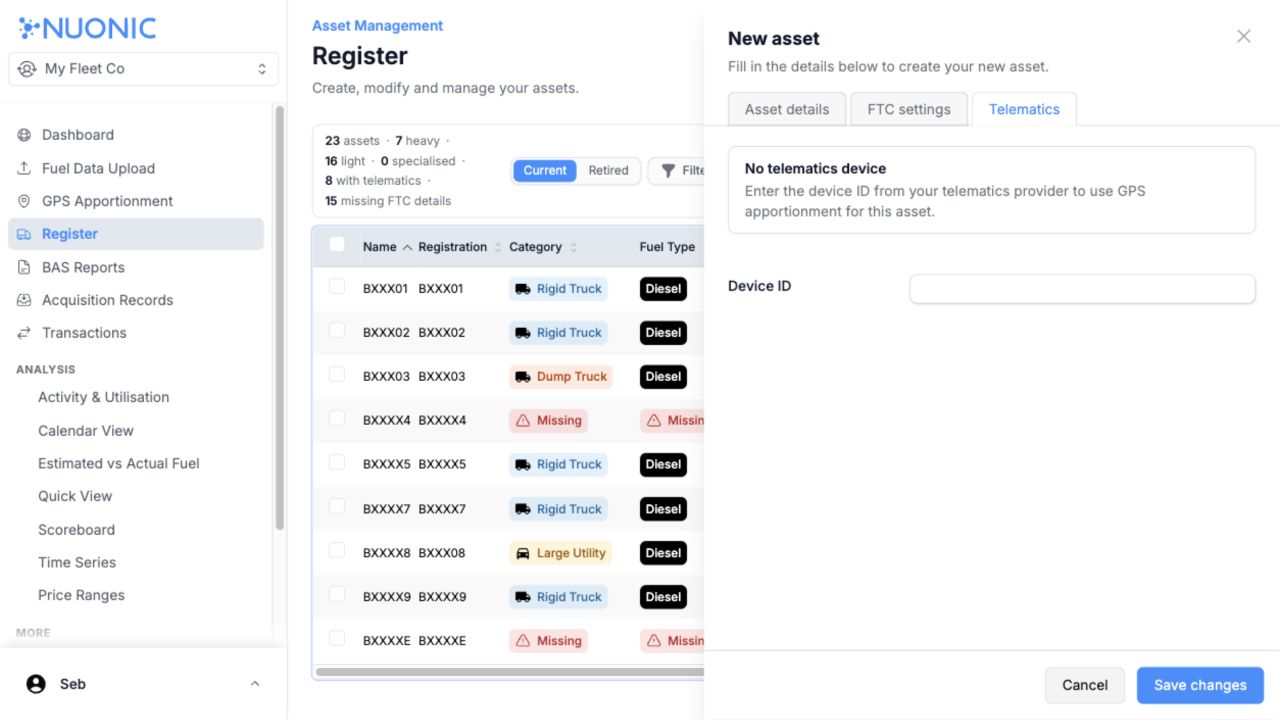 New asset Telematics tab showing the Device ID field