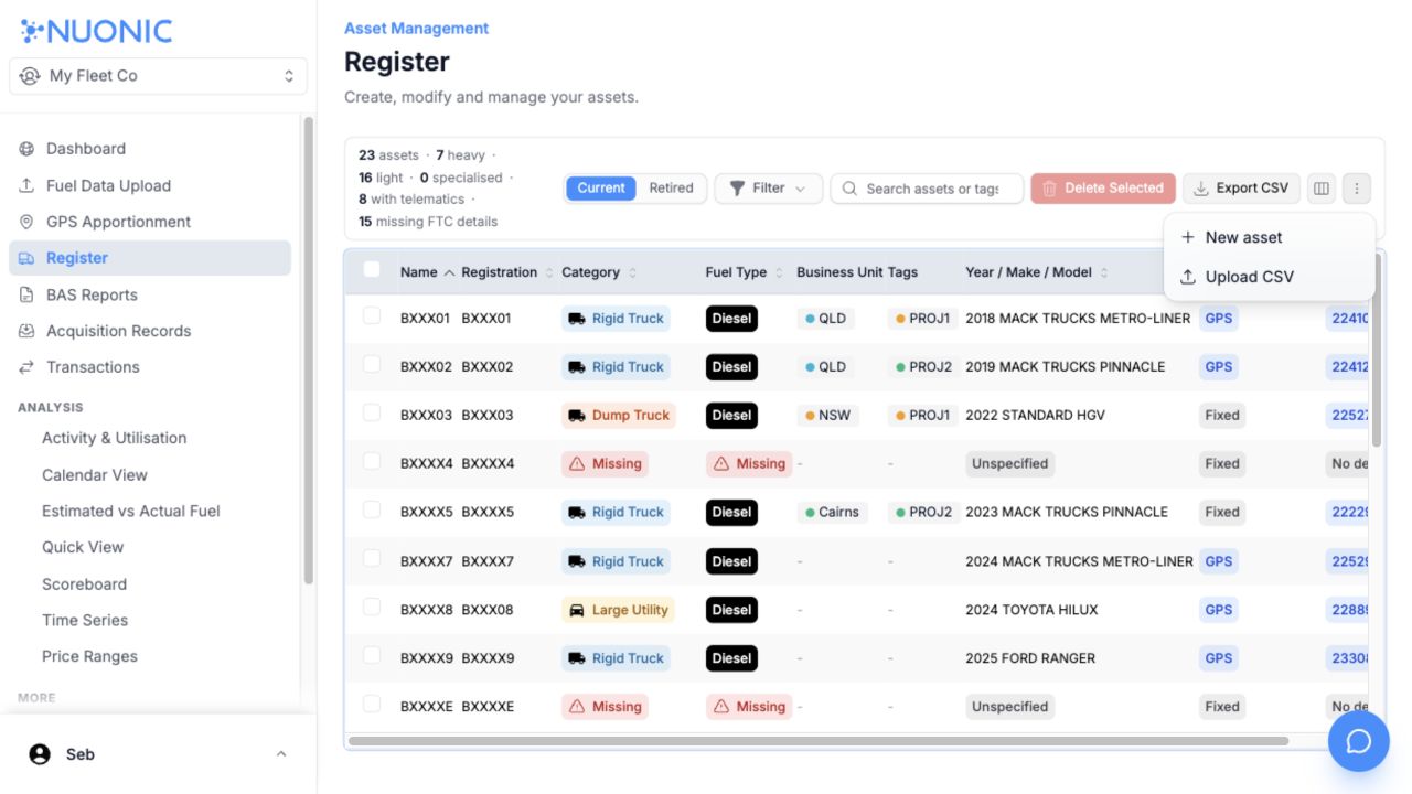 More actions menu with New asset and Upload CSV