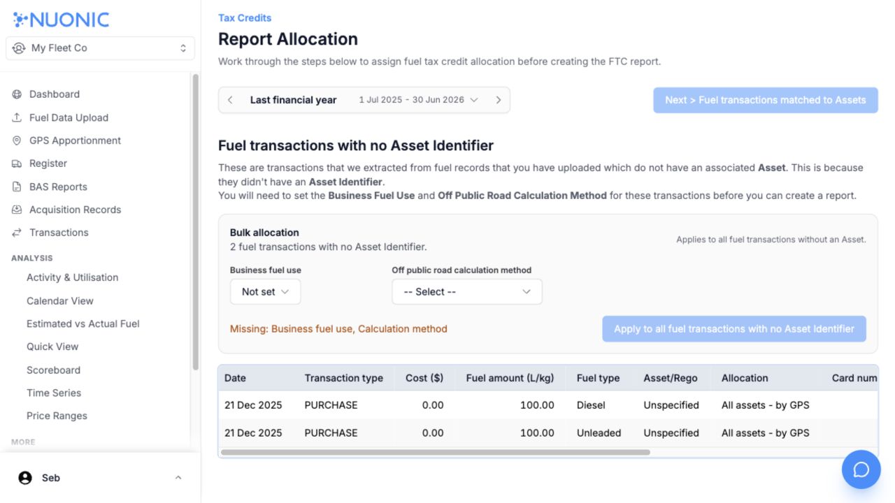 Populated Report Allocation screen with two fuel transactions that need allocation details