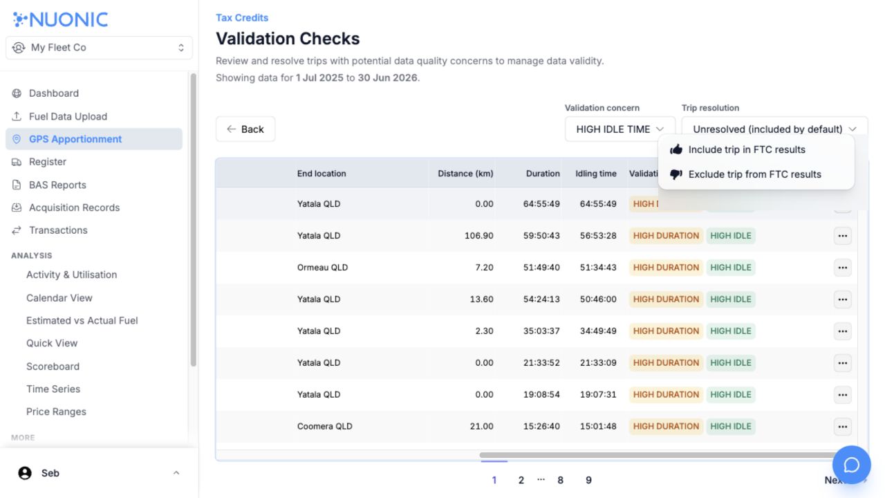 Trip Actions menu showing Include and Exclude options beside populated validation rows