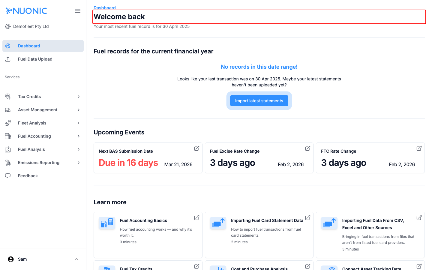 Welcome section after login