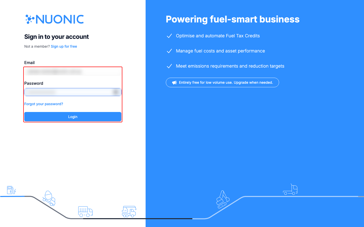 Login form highlighted with masked credentials