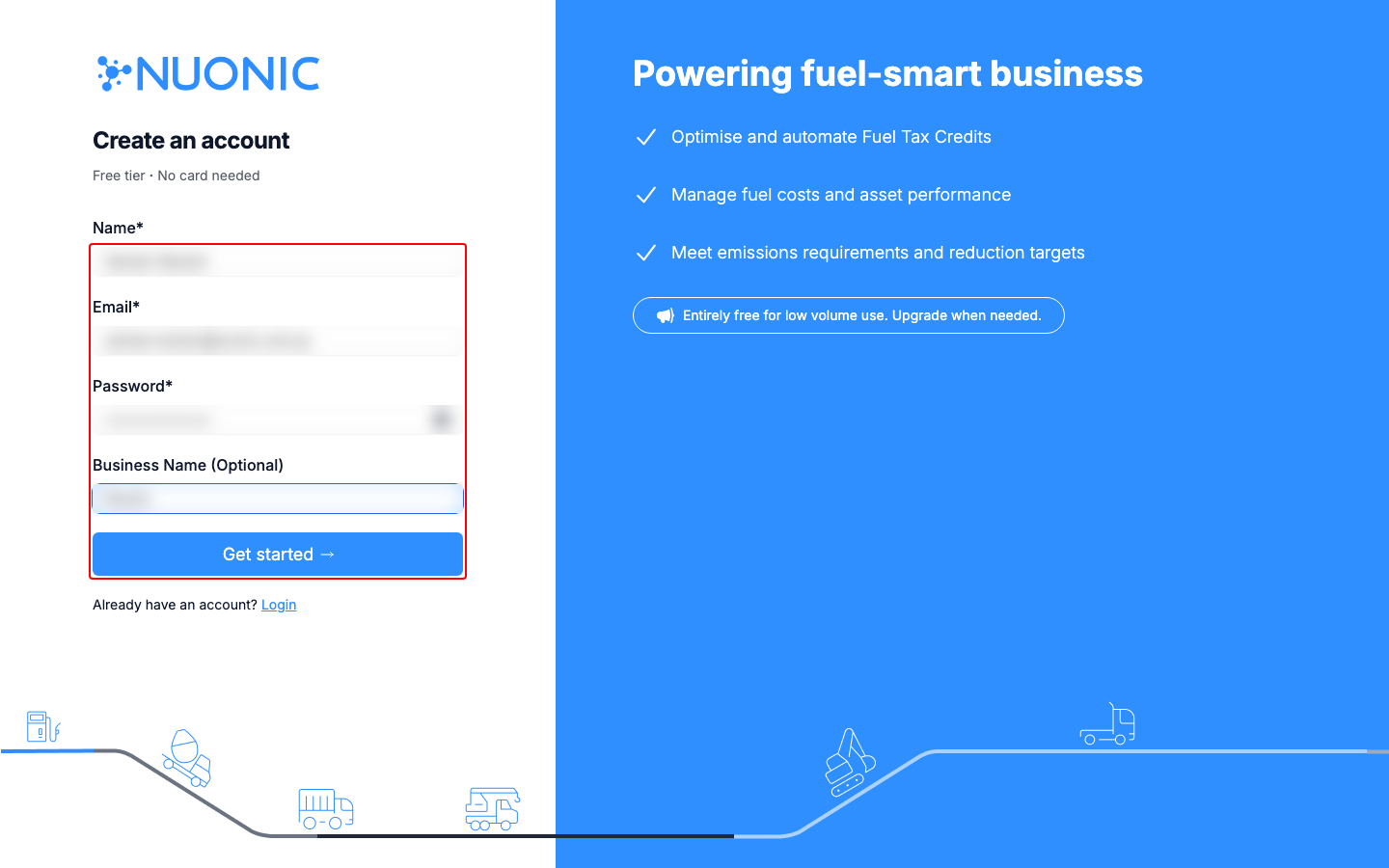 Signup form highlighted with masked fields