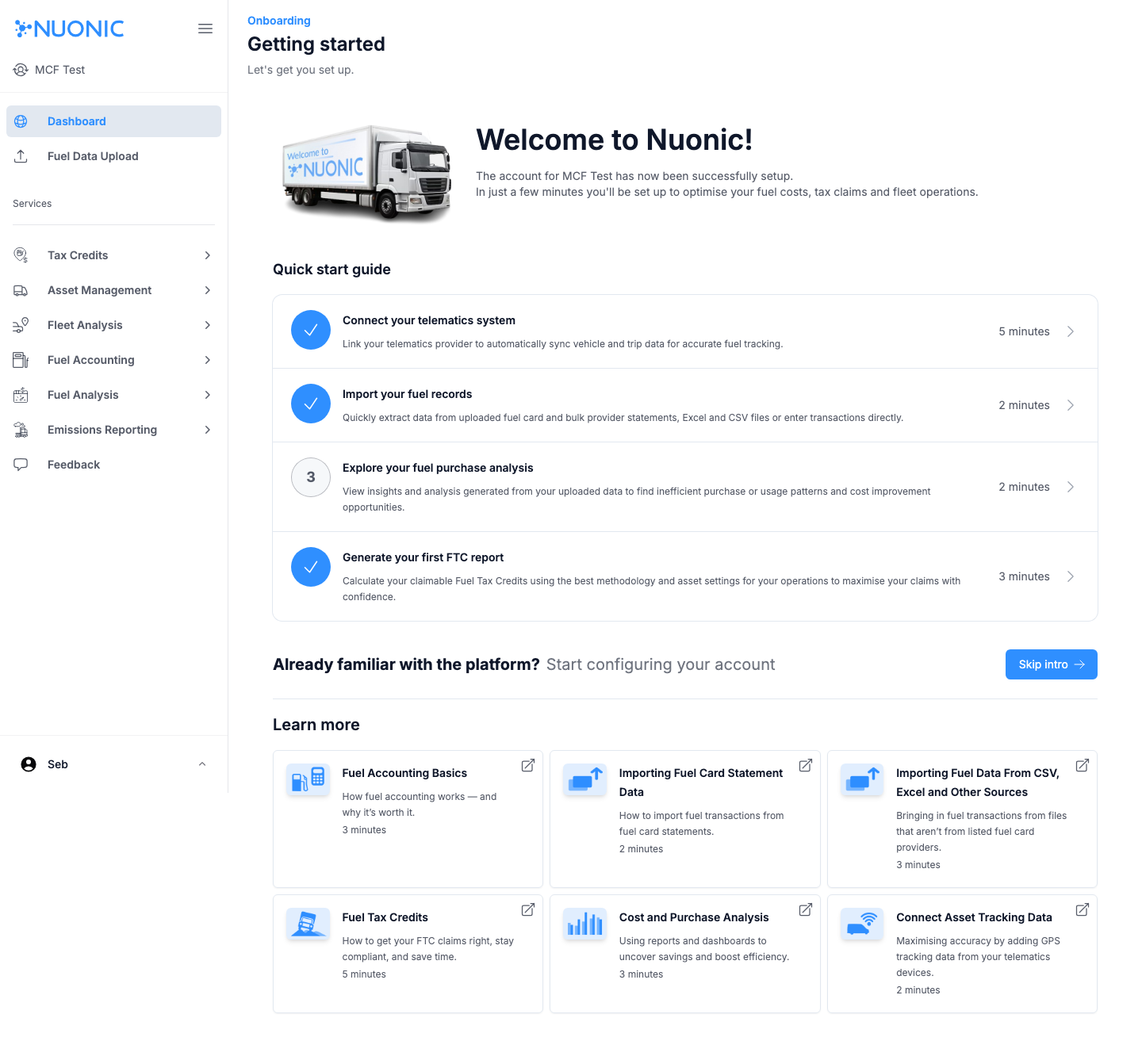 Dashboard with emissions reporting menu