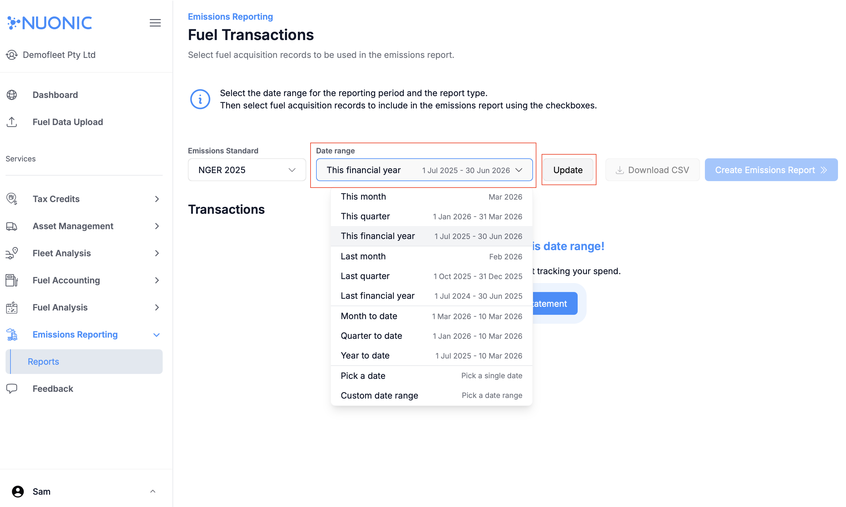 Date range and standard selection
