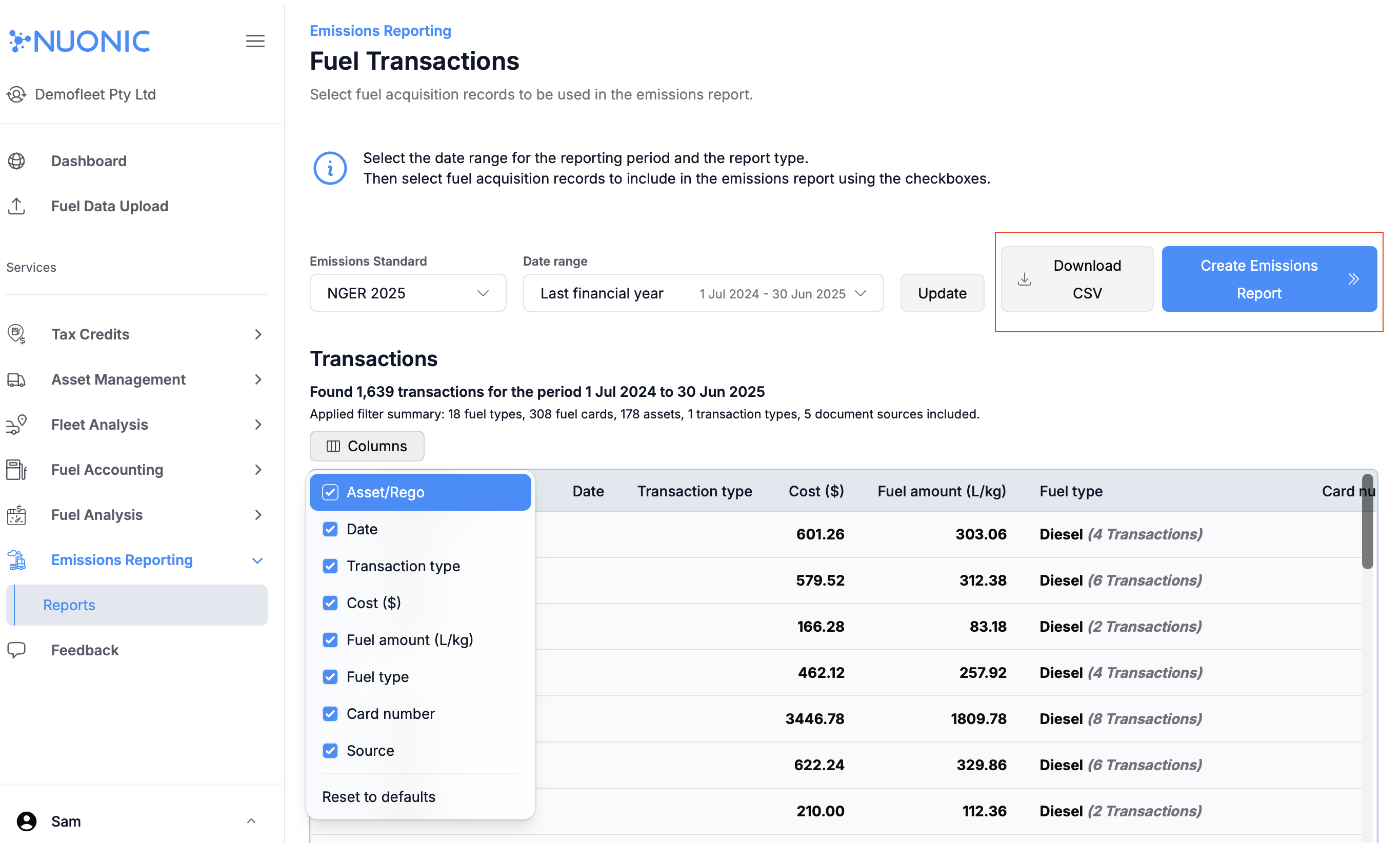 Asset selection and report creation