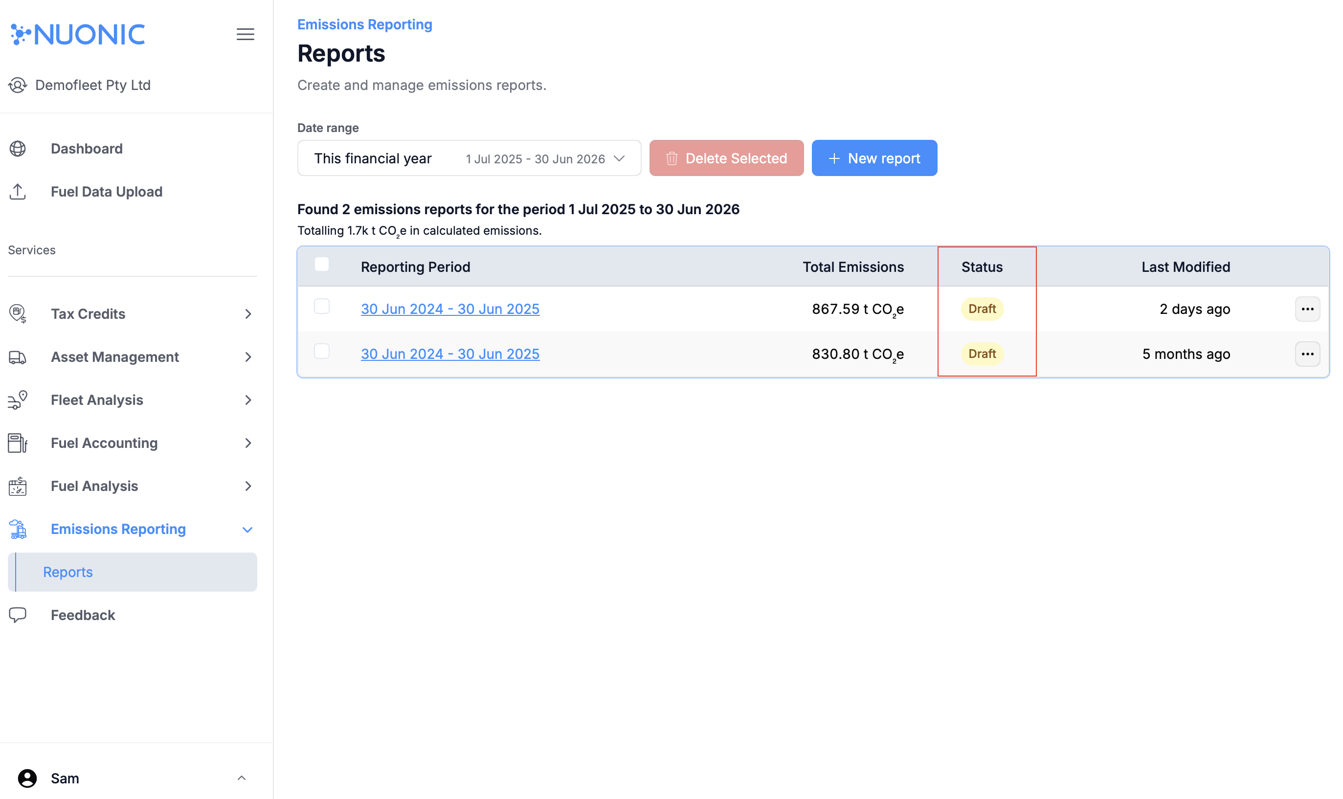 Report Status section highlighted