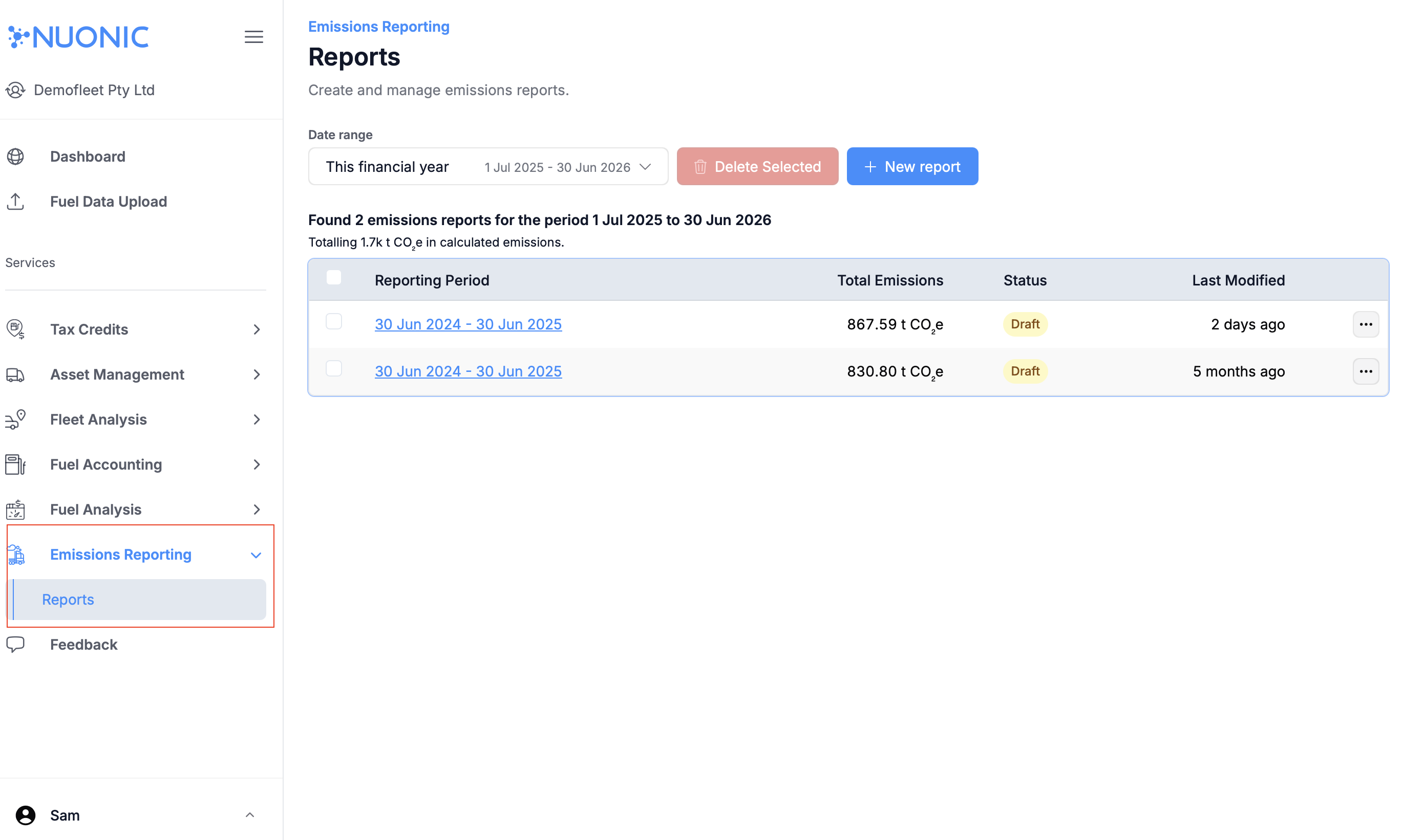 Emissions reports list with key columns highlighted