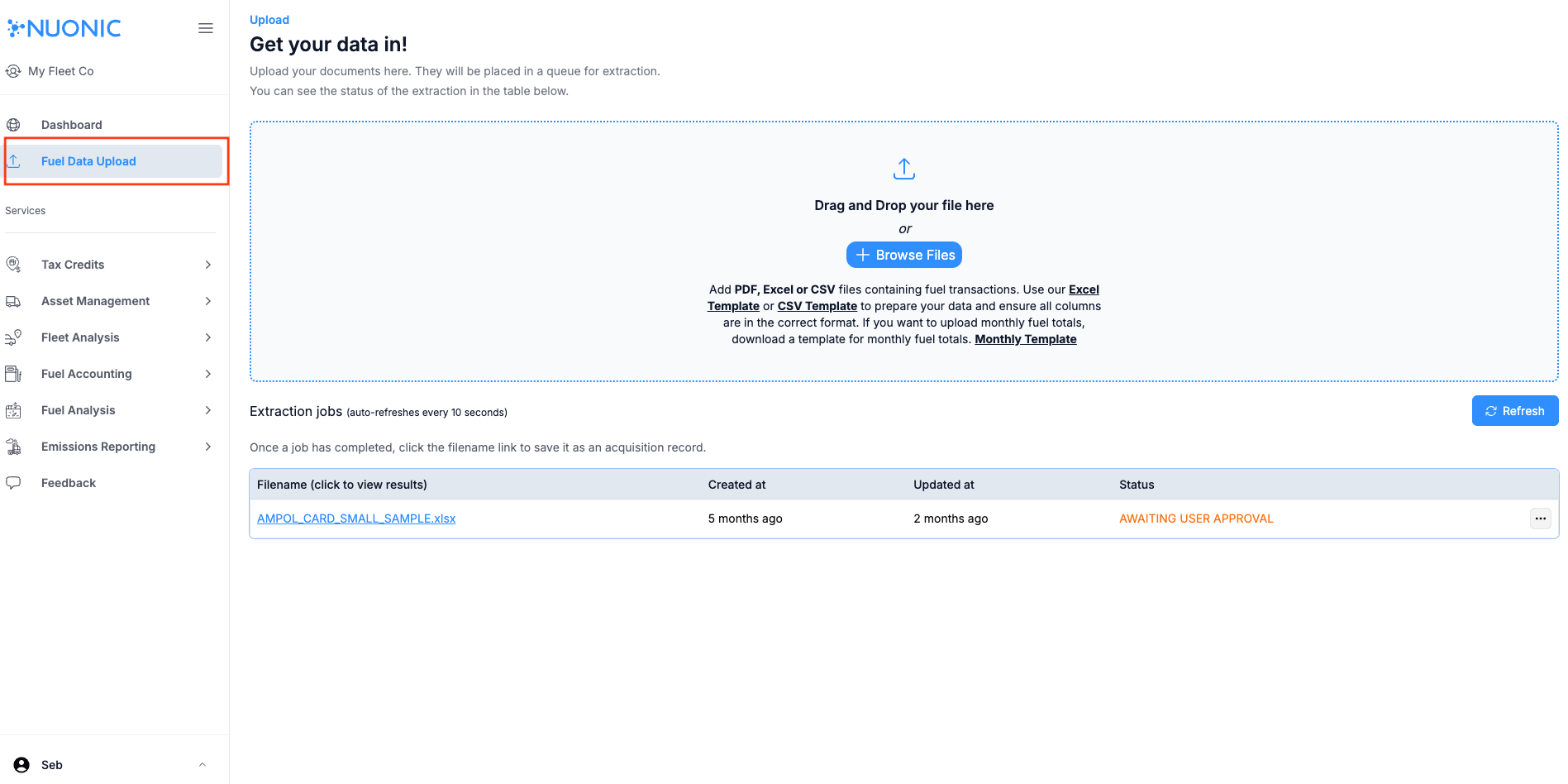 Fuel data upload with extraction jobs
