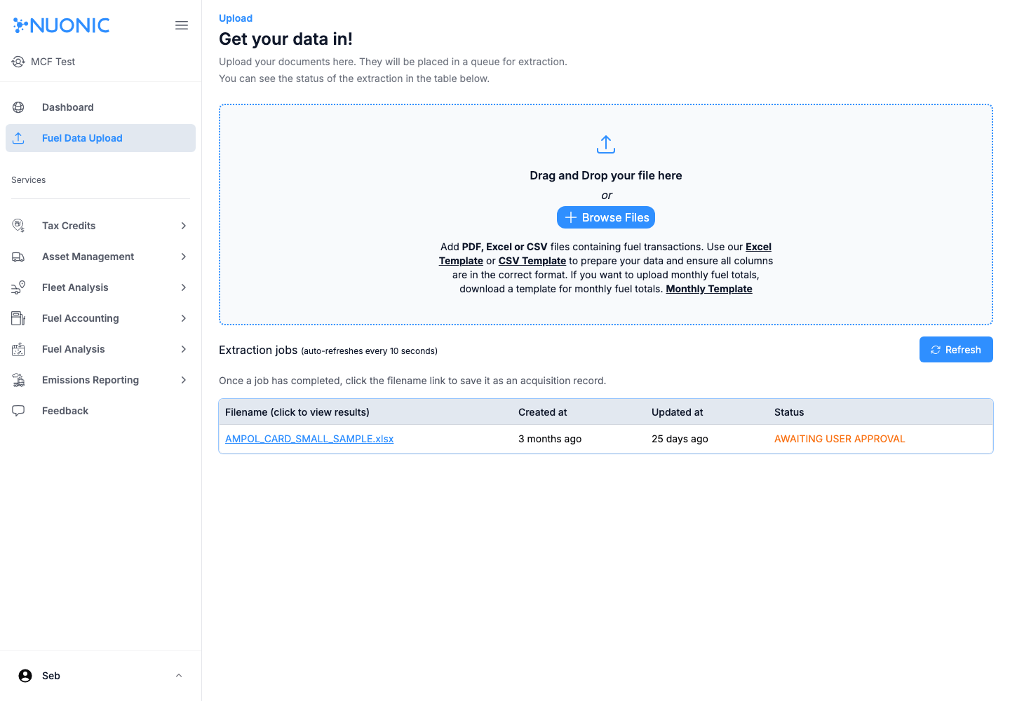Fuel data upload page