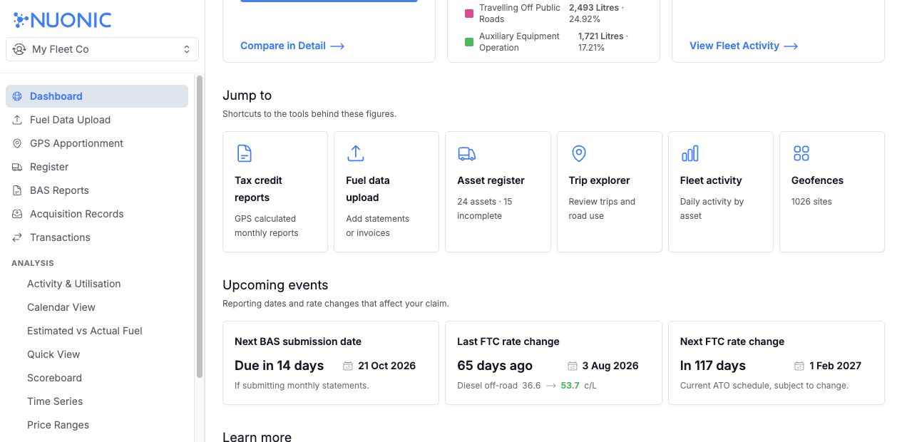 Nuonic dashboard showing Jump to shortcuts and Upcoming events cards