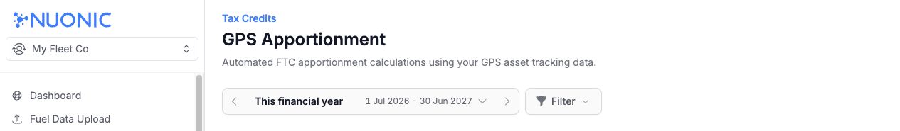 Current date picker toolbar showing This financial year and previous and next arrows