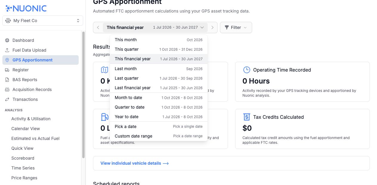Current date picker dropdown showing preset periods and custom date options