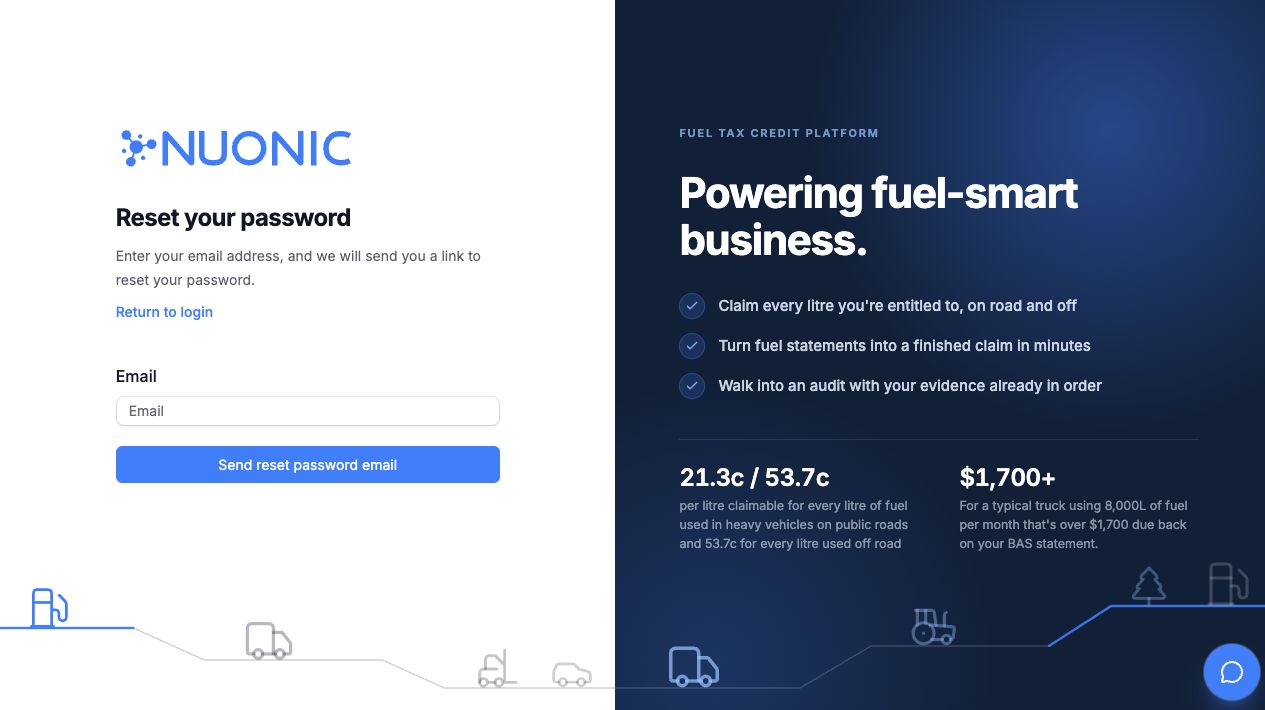Current Nuonic Reset your password page with email field and Send reset password email button