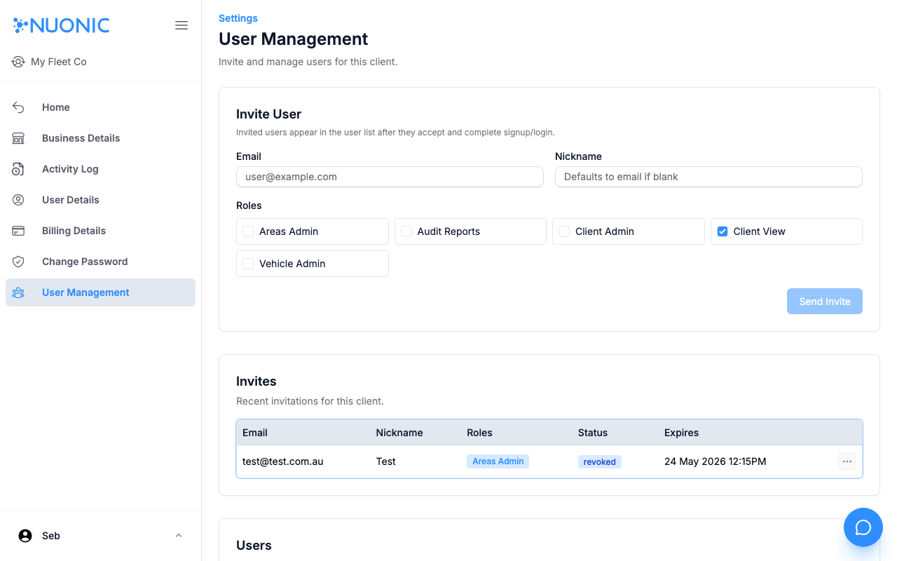 User Management page showing the Invite User form with email, nickname, and role checkboxes
