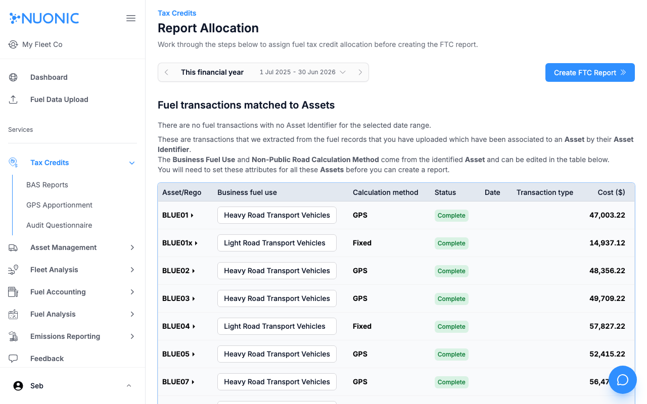Report Allocation page showing assets with business fuel use, calculation method, status, and Create FTC Report button