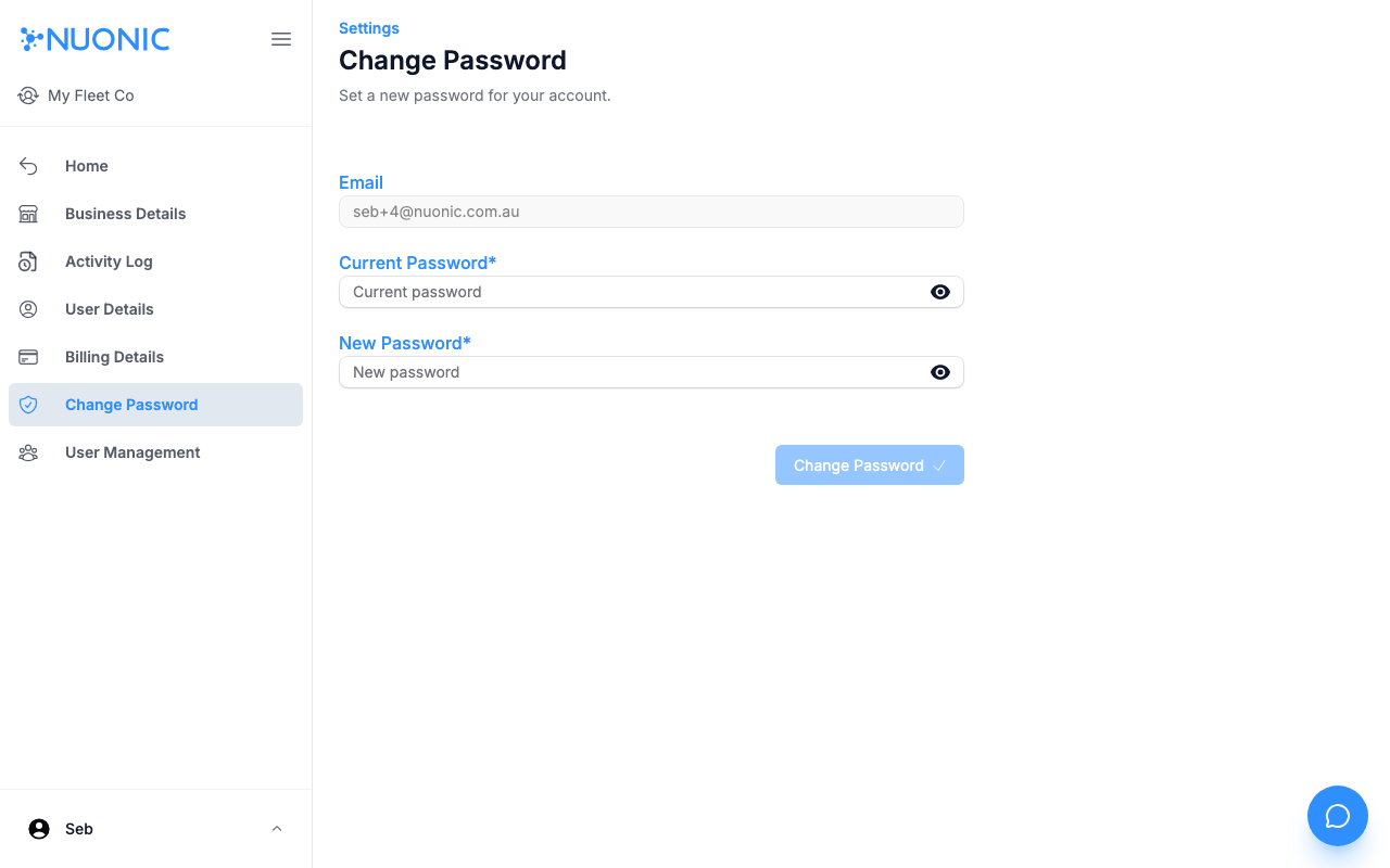 Change Password settings page showing the current password and new password fields