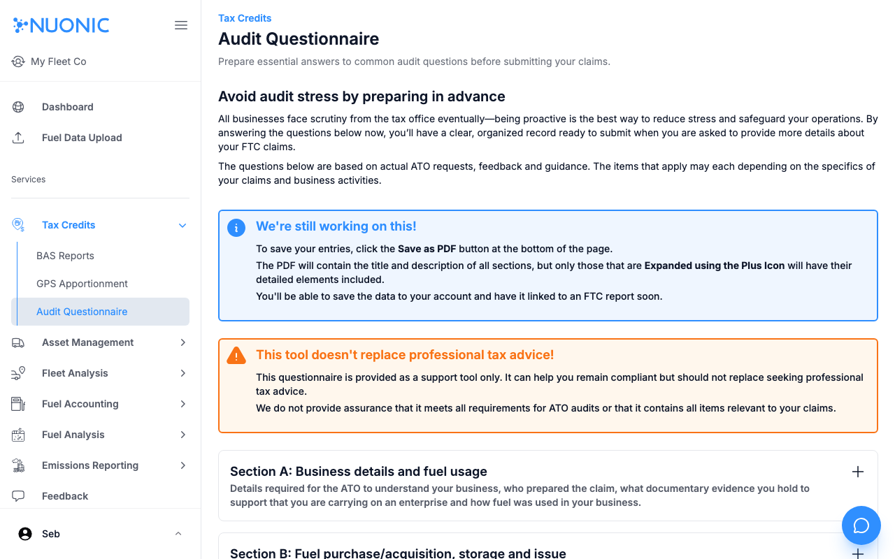 Audit Questionnaire page showing sections for business details and fuel usage with a Save as PDF option