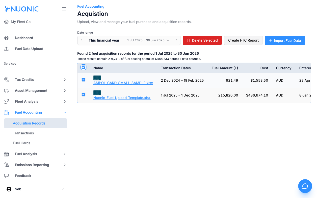 Acquisition records list with records selected and the Delete Selected button highlighted