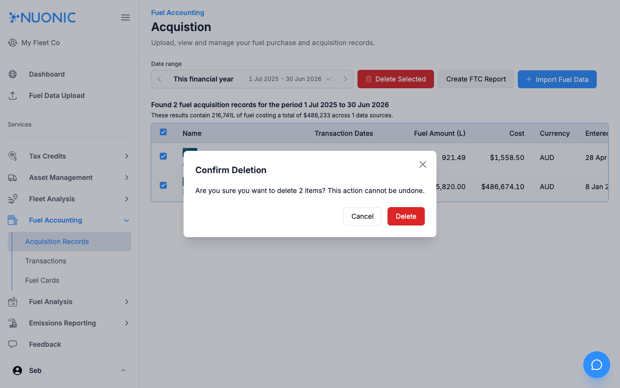 Confirm Deletion dialog showing the number of items to be deleted with Cancel and Delete buttons