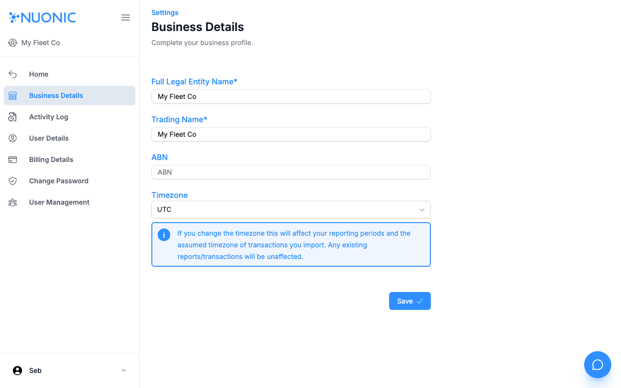 Business Details settings page showing Full Legal Entity Name, Trading Name, ABN, and Timezone fields