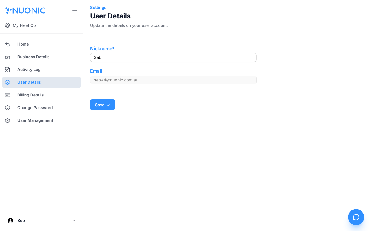 User Details settings page with Nickname field and Save button
