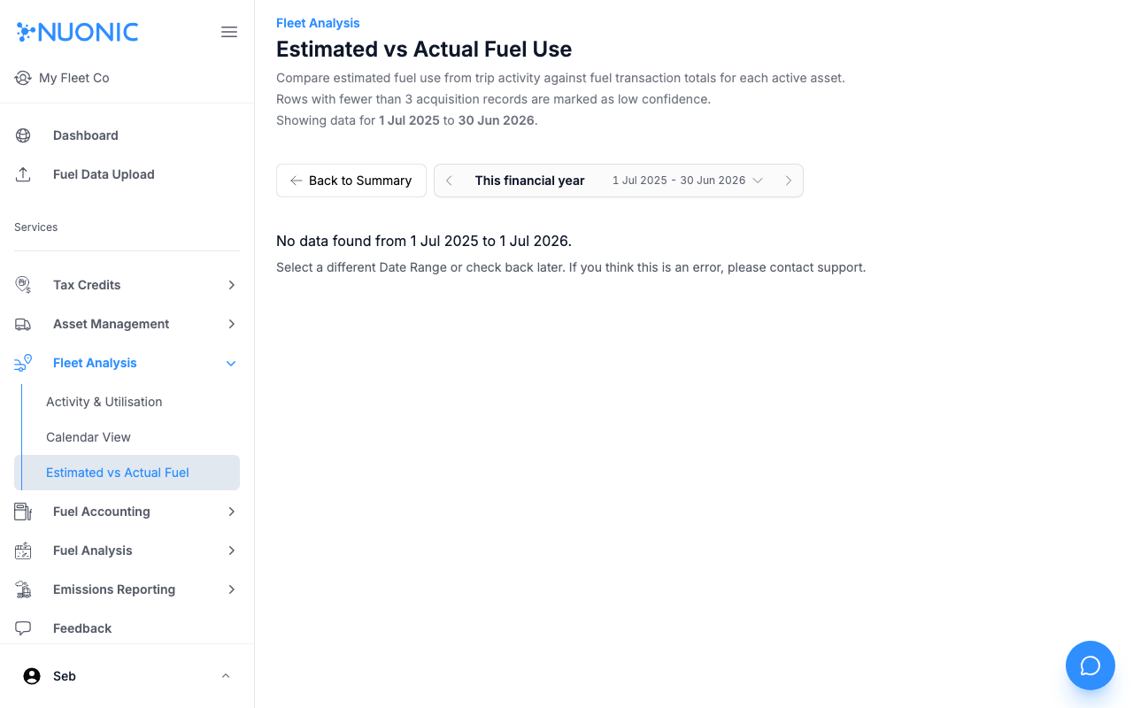 Estimated vs Actual Fuel Use page showing the date range selector and comparison table