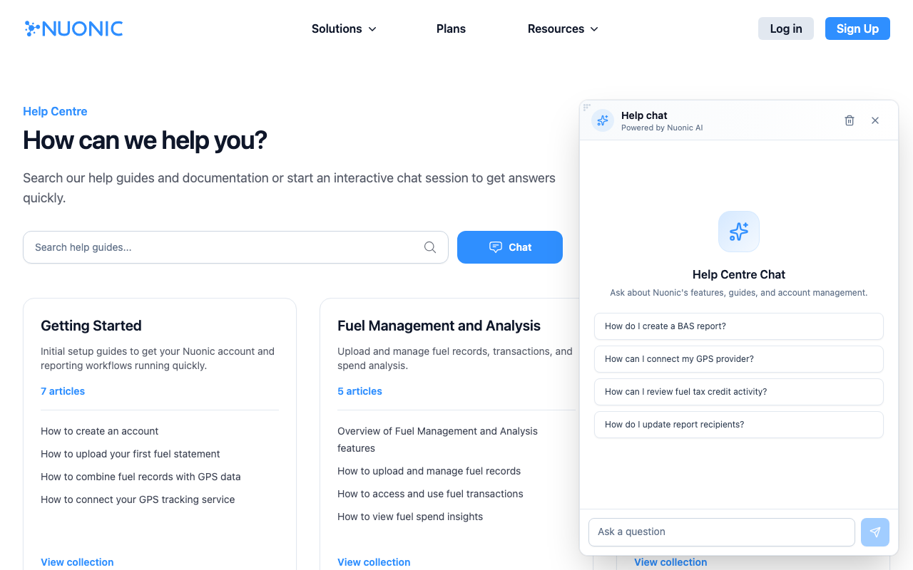 AI Assistant open on the Help Centre showing suggested questions including How do I create a BAS report and How can I connect my GPS provider