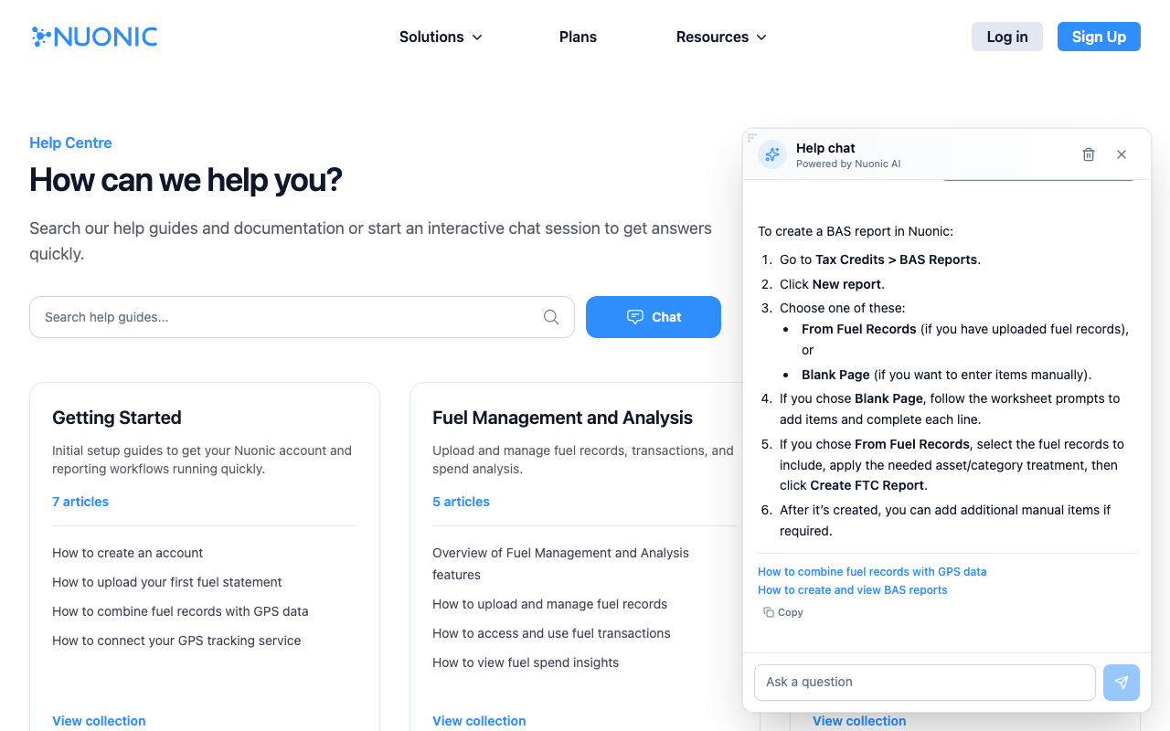 AI Assistant showing a step-by-step answer to How do I create a BAS report with links to related articles