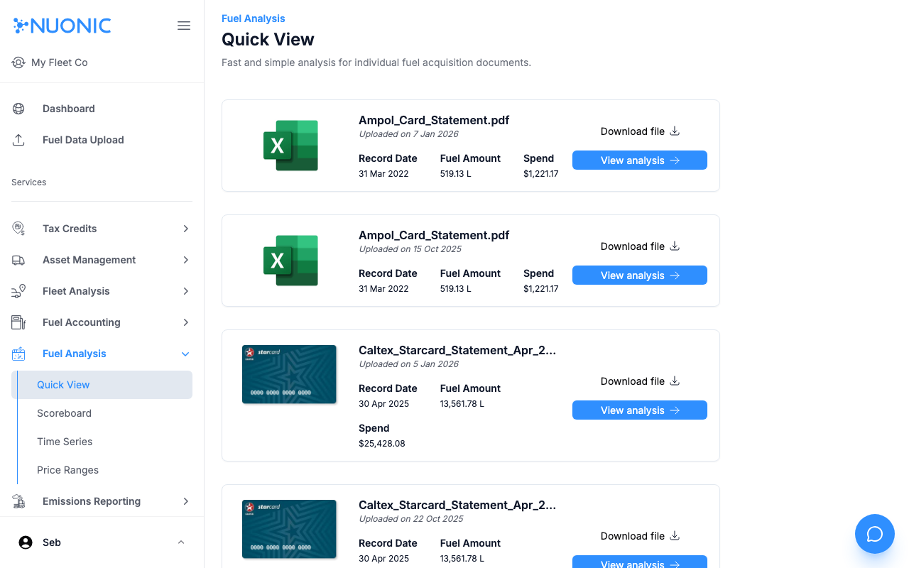 Quick View page showing uploaded fuel documents with fuel amount, spend, and View analysis button