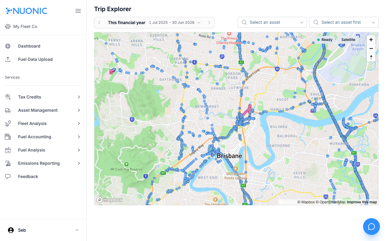 Trip Explorer showing a map of Brisbane with coloured trip position dots