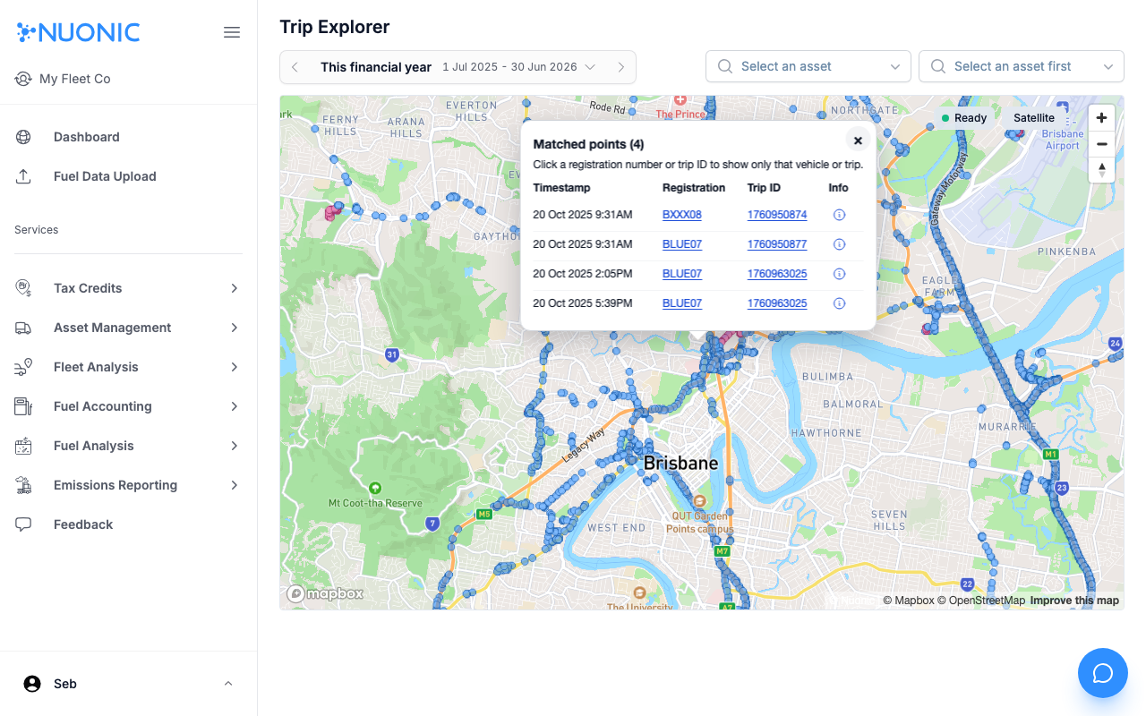 Matched points popup showing a table of trips at the clicked location with Timestamp, Registration, Trip ID, and info icon columns