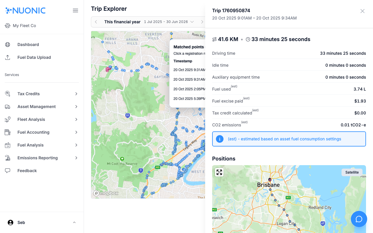 Trip details panel showing trip distance, duration, fuel used, tax credit, and emissions for a selected trip