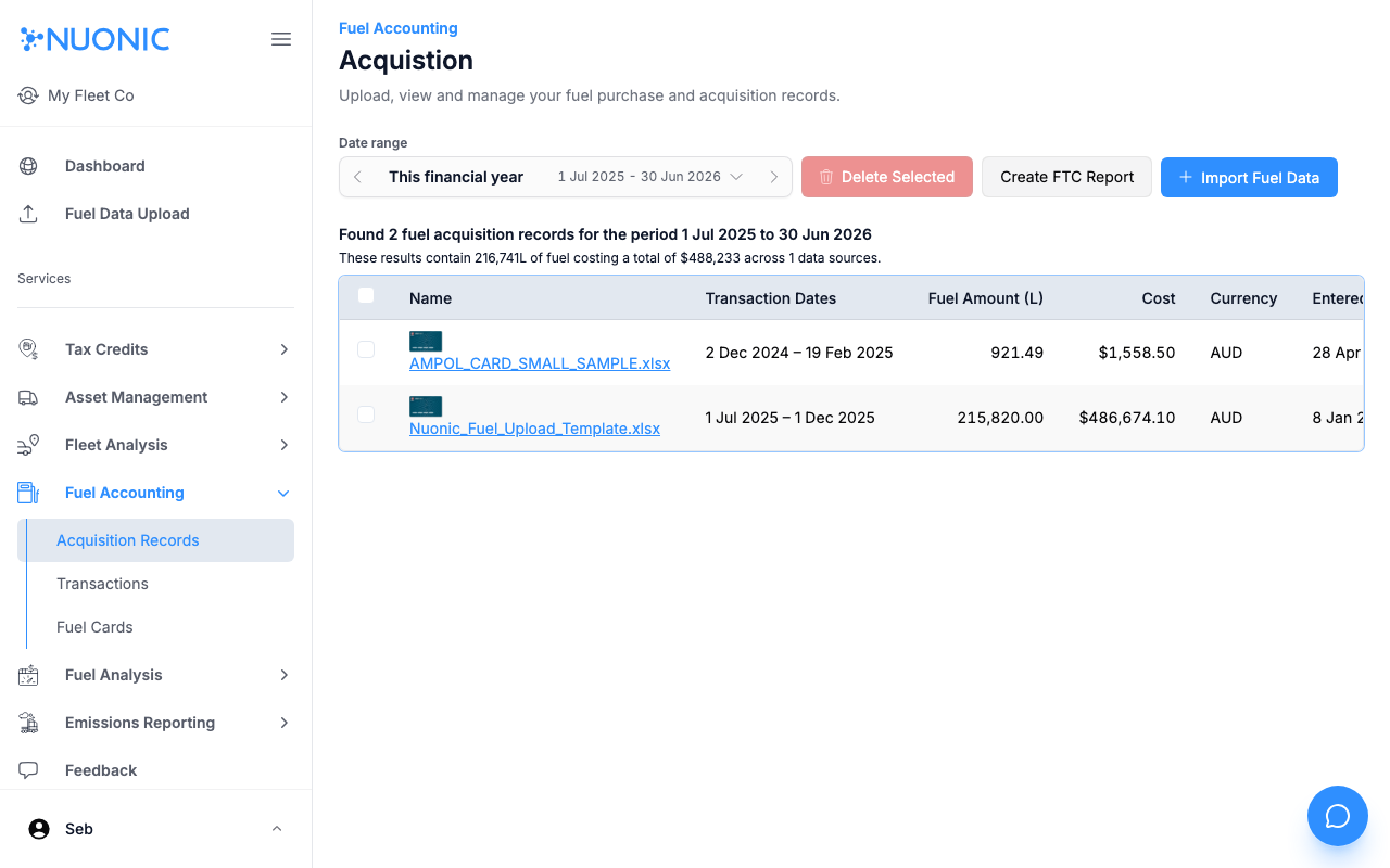 Acquisition Records page showing a table of fuel records with name, transaction dates, fuel amount, cost, and entered date