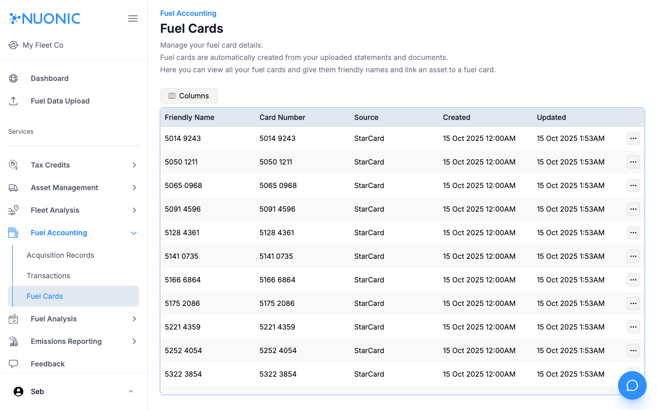 Fuel Cards page showing a table of card numbers with friendly names, source, and dates