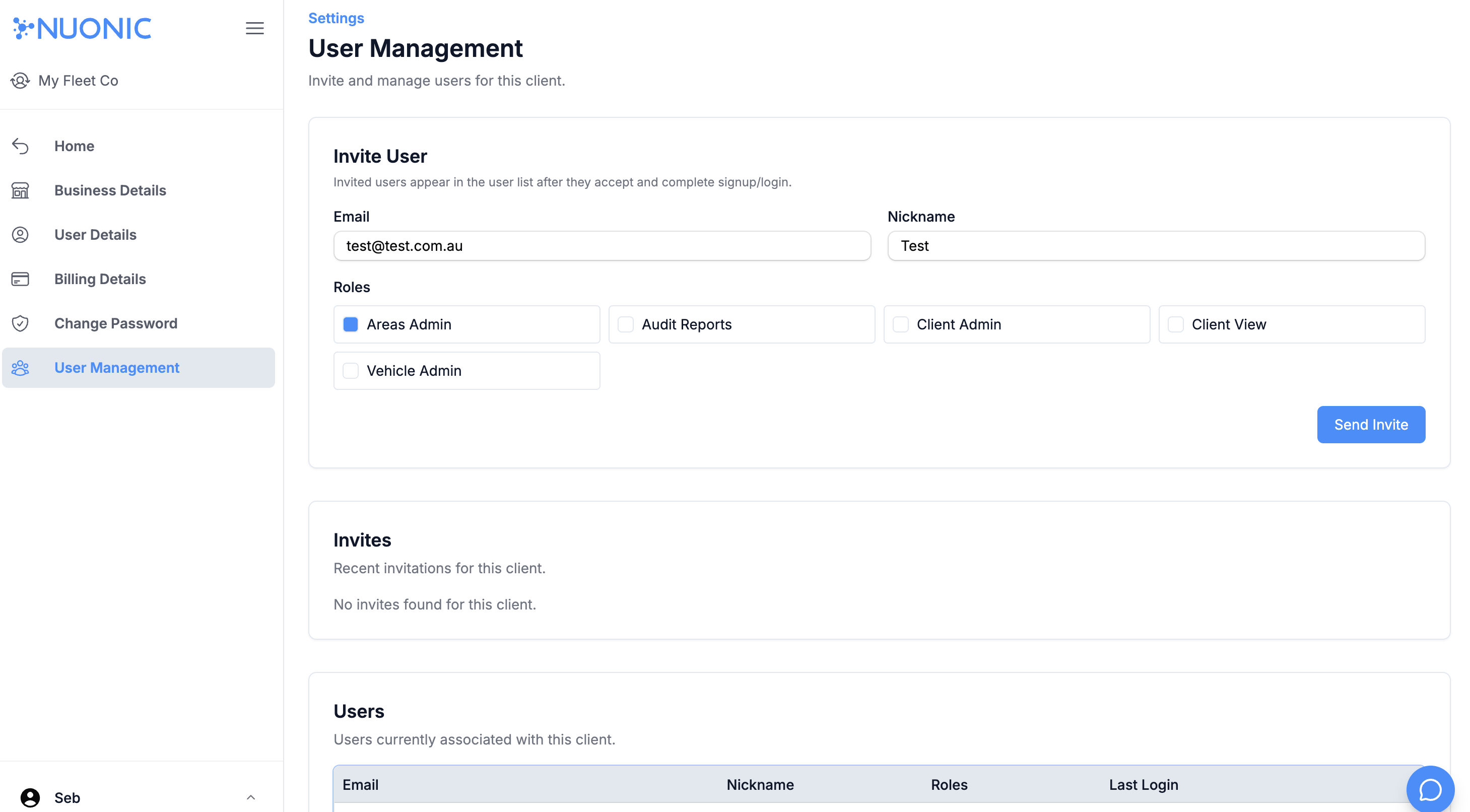 Invite user fields and roles