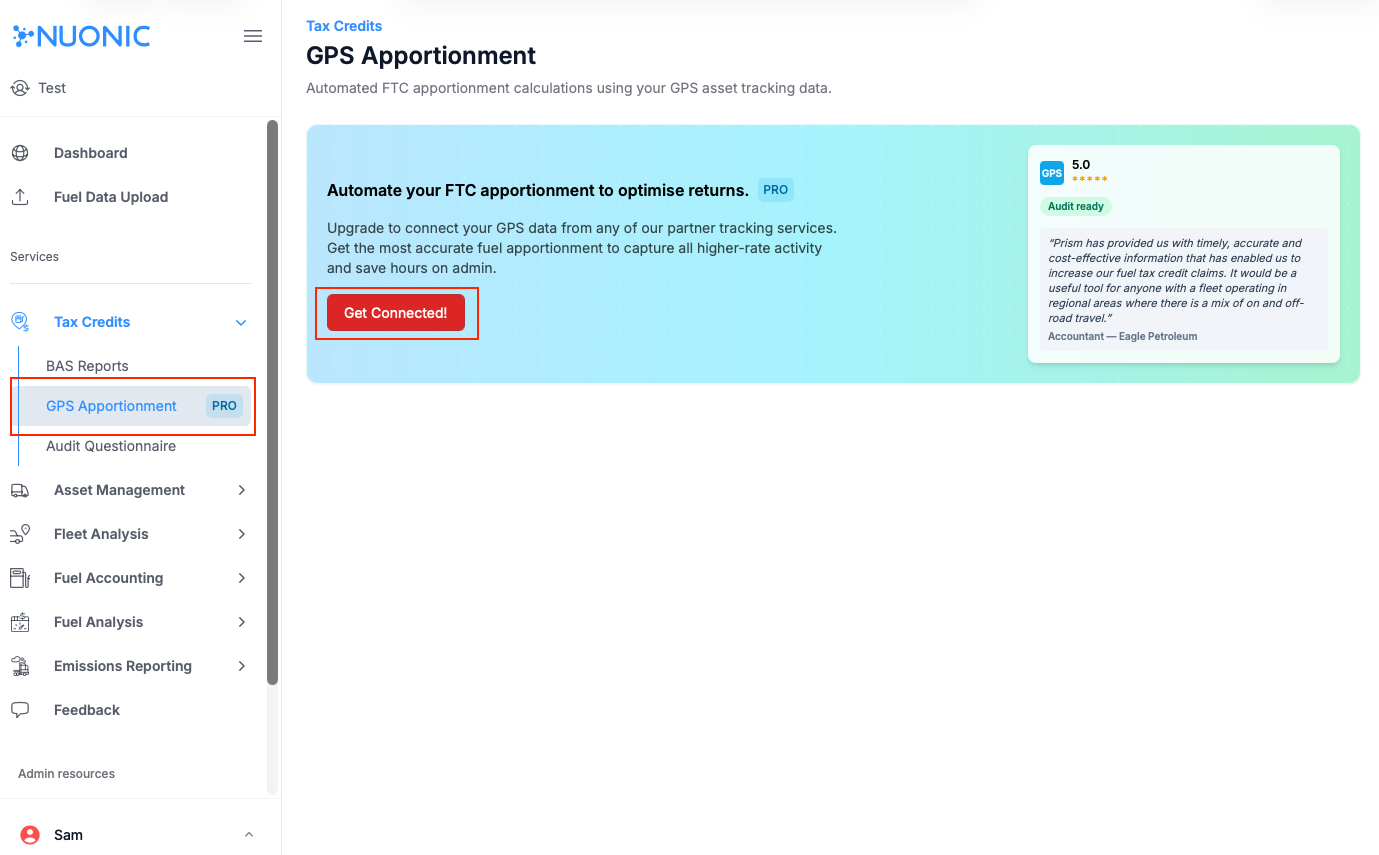 GPS Apportionment page with Get Connected button