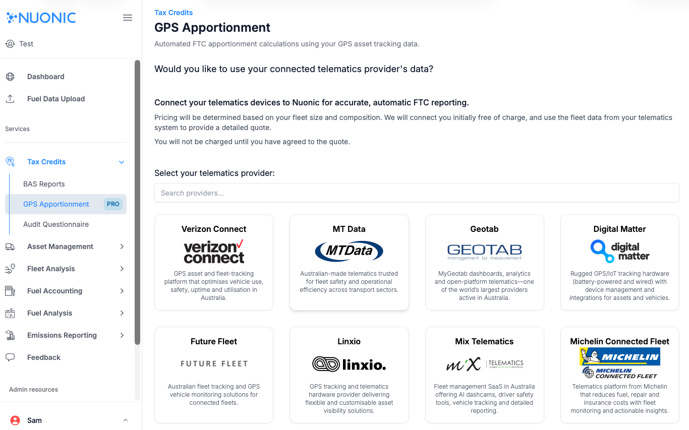 Telematics provider selection screen