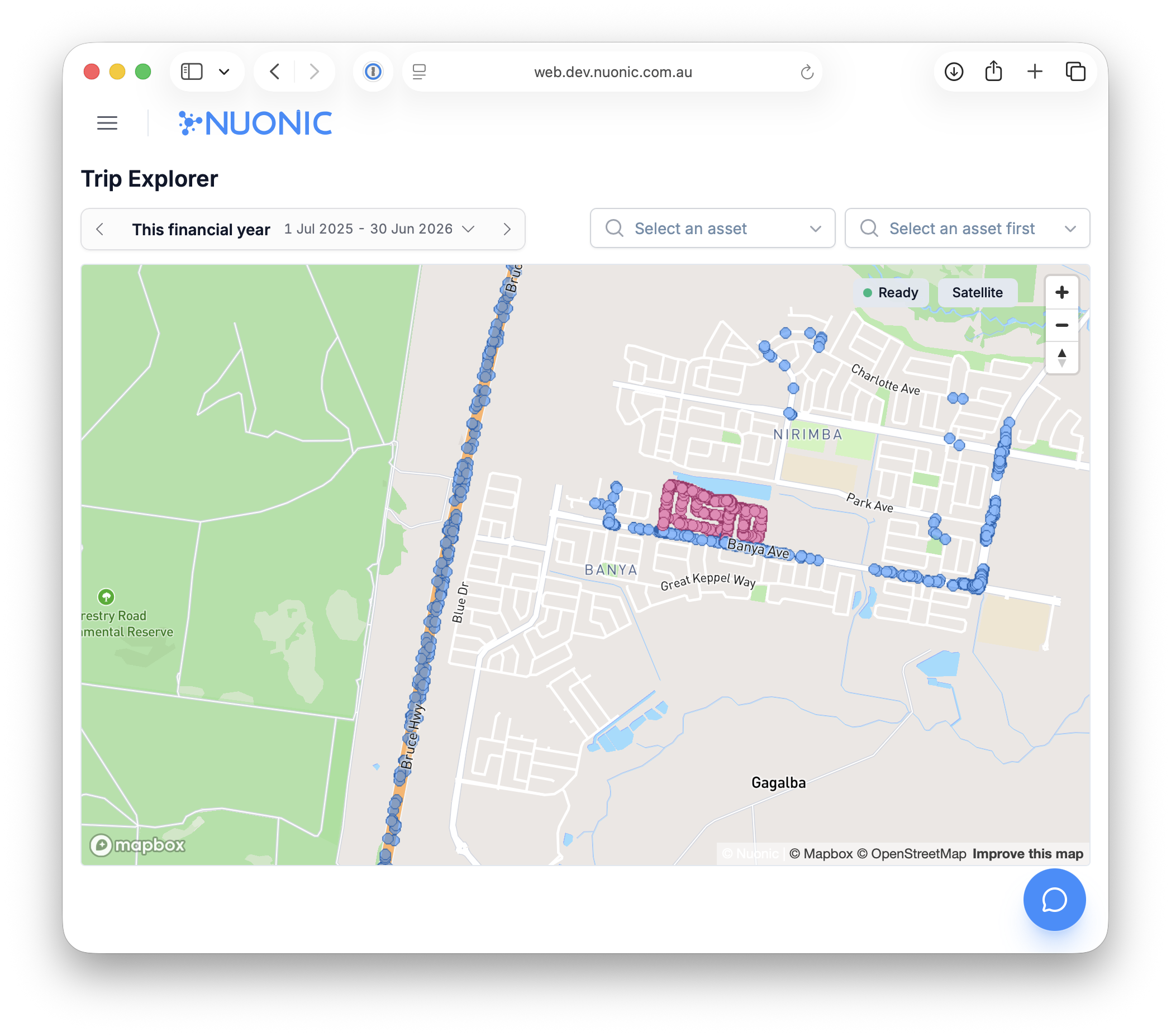 Trip Explorer UI showing mapped fleet activity and non-public road travel highlights.